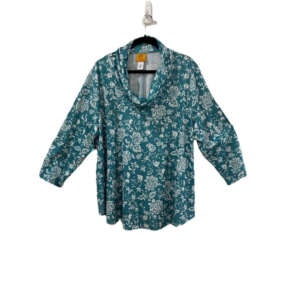 Ruby Rd. Women Size 2X Teal With White Floral Print Cowl Neck Pullover NWT